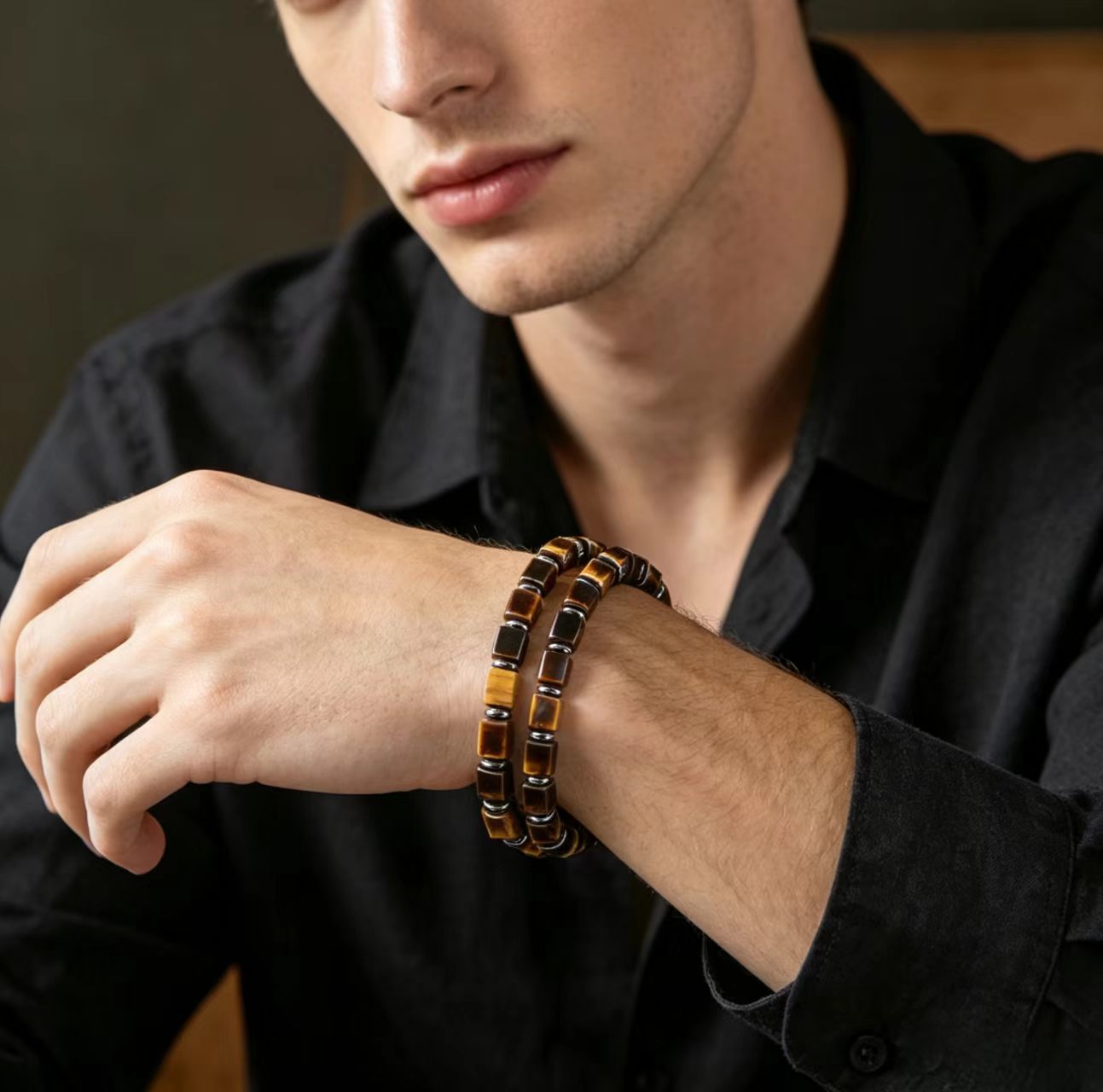 Tiger's Eye Cube Beaded Bracelet - 图片 3