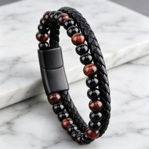 Dual Strand Leather Bangle with Polished Red Tiger Eye Stones
